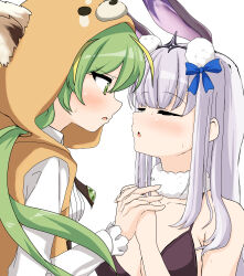 2girls :o absurdres animal_ears bikini black_bikini blonde_hair blue_bow blush bow breasts closed_eyes commentary_request green_eyes green_hair grey_hair hair_bow highres holding_hands interlocked_fingers kaavi large_breasts long_hair looking_at_another low_twintails mahjong_soul multicolored_hair multiple_girls neck_fur negetsu open_mouth rabbit_ears red_panda_hood shirt simple_background streaked_hair swimsuit twintails upper_body white_background white_shirt yuri yuzu_(mahjong_soul)