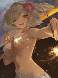1girl ;d absurdres beach bikini breasts burnice_white evening fireworks flower grey_hair hair_flower hair_ornament highres holding holding_fireworks large_breasts looking_at_viewer malsuk micro_bikini navel ocean one_eye_closed open_mouth outdoors pink_flower red_eyes sand smile solo sparkler swimsuit twilight white_bikini zenless_zone_zero