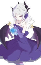 Rule 34 | 1girl, absurdres, blue archive, blue flower, blue rose, blush, bouquet, breasts, demon girl, demon horns, demon wings, dress, earrings, evening gown, flower, gloves, highres, hina (blue archive), hina (dress) (blue archive), holding, holding bouquet, horns, jewelry, long hair, looking at viewer, necklace, pendant, purple dress, purple eyes, purple gloves, rose, shisei (maeda shisei), simple background, small breasts, solo, white background, white hair, wings