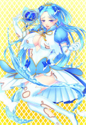 1girl blue_bow blue_hair blue_sleeves boots bow breasts cleavage cleavage_cutout clothing_cutout dress elbow_gloves gloves gold_tiara hair_bow highres large_breasts long_hair magical_girl nerune_(nerune_25) puffy_short_sleeves puffy_sleeves purple_eyes short_sleeves thigh_boots torn_clothes uchi_no_hime-sama_ga_ichiban_kawaii vivienne_(uchi_no_hime-sama_ga_ichiban_kawaii) wand water white_boots white_dress white_gloves