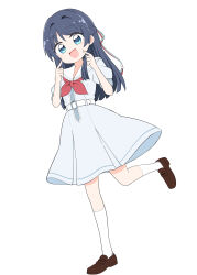 Rule 34 | 1girl, :d, absurdres, blue dress, blue eyes, blue hair, braid, breast pocket, brown shoes, commentary, dress, fingers to cheeks, full body, hair intakes, half up braid, half updo, hasu no sora school uniform, highres, leg up, link! like! love live!, loafers, long hair, looking at viewer, love live!, medium dress, miyamaki, murano sayaka, neckerchief, open mouth, pleated skirt, pocket, puffy short sleeves, puffy sleeves, red neckerchief, sailor collar, sailor dress, school uniform, shoes, short sleeves, skirt, smile, socks, solo, standing, standing on one leg, summer uniform, virtual youtuber, white sailor collar, white socks
