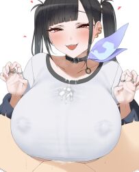 1boy 1girl aizawa_marimo black_choker black_hair blunt_bangs blush breasts breath choker claw_pose clothed_sex commentary covered_erect_nipples cum cum_on_body cum_on_breasts cum_on_clothes cum_on_upper_body ear_piercing eyelashes fangs goddess_of_victory:_nikke half-closed_eyes heart heart-shaped_pupils hetero highres huge_breasts jewelry looking_at_viewer medium_hair mole mole_under_eye multiple_rings open_mouth paizuri paizuri_under_clothes piercing pov red_eyes ring shirt short_sleeves simple_background single_earphone smile solo_focus sora_(nikke) symbol-shaped_pupils teeth upper_body upper_teeth_only white_background white_shirt wireless_earphones