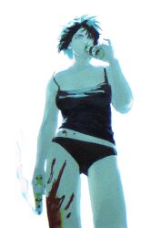 Rule 34 | 1girl, absurdres, aizheajsee, black hair, blood, blood on leg, blue eyes, blue theme, can, cropped legs, drink can, drinking, ghost in the shell, gun, handgun, highres, holding, holding can, holding gun, holding weapon, kusanagi motoko, looking at viewer, medium hair, panties, underwear, upper body, weapon, white background