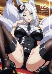 1girl animal_ear_fluff animal_ears aqua_eyes black_leotard black_necktie black_shoes breasts brown_thighhighs covered_navel facial_mark finger_to_mouth fishnet_thighhighs fishnets forehead_mark fox_ears fox_girl fox_tail garter_belt hat high_heels highres kage_no_jitsuryokusha_ni_naritakute! kitsune kyuubi large_breasts leotard long_hair looking_at_viewer makiri_akira mini_hat mini_top_hat multiple_tails necktie open_mouth partially_visible_vulva playboy_bunny shirt shoes sitting smile solo spread_legs stiletto_heels tail thighhighs top_hat white_hair white_shirt white_wrist_cuffs wrist_cuffs yukime_(kage_no_jitsuryokusha_ni_naritakute!)