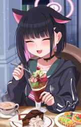 1girl absurdres animal_ears ascot black_choker black_hair black_jacket blue_archive blush cake cat_ears cat_girl choker closed_eyes colored_inner_animal_ears colored_inner_hair cup drink food food_request green_sailor_collar halo highres holding holding_spoon jacket kazusa_(blue_archive) multicolored_hair onsen_(asnrtnbrsiku) open_mouth parfait pink_ascot pink_hair pink_halo sailor_collar short_hair single_ear_down solo spoon teacup two-tone_hair