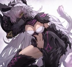 1girl ahoge animal_ears atalanta_(fate) atalanta_alter_(fate) boots breasts cat_ears cat_tail fate/grand_order fate_(series) fur_gloves green_eyes hand_on_own_face highres long_hair medium_breasts navel slit_pupils tail thigh_boots umeo_(pixiv51103813)