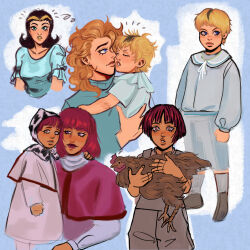 animal_print bird blonde_hair blush chicken child clip_studio_paint_(medium) cow_print dark-skinned_female dark-skinned_male dark_skin diego_brando donatello_versus eyelashes father_and_son highres hot_pants_(sbr) jojo_no_kimyou_na_bouken lips male_focus marzimars mother_and_son mrs._brando_(sbr) pink_hair rikiel steel_ball_run stone_ocean turtleneck