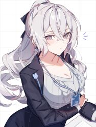1girl black_jacket black_skirt breasts bronya_zaychik bronya_zaychik_(outstanding_attitude) bronya_zaychik_(silverwing:_n-ex) cleavage commentary drill_hair earrings grey_eyes grey_hair grey_sweater grid_background highres honkai_(series) honkai_impact_3rd id_card jacket jewelry karamaru626 large_breasts long_hair looking_at_viewer office_lady official_alternate_costume skirt solo sweater