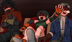 1girl 2boys belt black_gloves black_hair black_pants black_shirt blonde_hair blue_jacket breasts brown_gloves chest_strap cid_highwind clawed_gauntlets cloak crop_top drooling elbow_gloves facial_hair final_fantasy final_fantasy_vii fingerless_gloves gloves goggles goggles_on_head green_headband green_shirt hair_between_eyes head-mounted_display headband jacket long_hair loose_socks medium_breasts multiple_belts multiple_boys nose_bubble open_mouth orange_gloves orange_shoes pants red_cloak red_headband s_m_man shirt shoes short_hair sitting sneakers socks stubble vincent_valentine yuffie_kisaragi