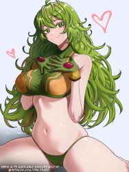 1girl aged_up barefoot bikini bikini_bottom_only boku_no_hero_academia breasts closed_mouth commentary english_commentary gloves green_bikini green_eyes green_hair grey_background hagakure_toru heart highres large_breasts long_hair looking_at_viewer messy_hair navel official_alternate_costume official_alternate_hair_length official_alternate_hairstyle opalis paid_reward_available shiny_skin smile swimsuit thighs