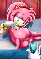 1girl amy_rose anus ass ass_focus bbmbbf bracelet breasts butt_plug cleft_of_venus completely_nude eyelashes female_focus flirting furry gloves green_eyes hairband highres huge_ass jewelry legs loli lolita_fashion long_eyelashes lying medium_hair mobius_unleashed naughty_face nipples nude palcomix pink_fur pink_hair pussy red_hairband seductive_smile sega sex_toy smile sonic_(series) tail tongue tongue_out white_gloves