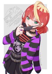 Rule 34 | 1girl, ahoge, black mask, blonde hair, freckles, green eyes, jacket, looking at viewer, mask, mask pull, mela (pokemon), mizuiro123, mouth mask, multicolored hair, nintendo, open clothes, open jacket, open mouth, pokemon, pokemon sv, red hair, shirt, short hair, skirt, smile, solo, two-tone hair