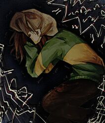 1other black_pants brown_hair covering_head deltarune green_sweater kris_(deltarune) long_sleeves lying makurajifuyuka on_side other_focus pants pillow short_hair solo striped_clothes striped_sweater sweater trembling