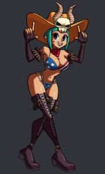 Rule 34 | 1girl, american flag bikini, american flag print, bikini, boots, breasts, bridal gauntlets, cerebella (skullgirls), cowboy hat, dark-skinned female, dark skin, elbow gloves, eyeshadow, fake horns, fingerless gloves, flag print, flag print bikini, full body, gloves, green hair, green lips, green nails, grey background, hat, horns, index fingers raised, indie virtual youtuber, large breasts, lipstick, looking at viewer, makeup, nail polish, navel, neckerchief, niboonskull, open mouth, print bikini, purple eyes, skullgirls, smile, solo, swimsuit, thigh boots, vice-versa (skullgirls), walking, wide hips, zentreya, zentreya (cosplay), zentreya (cowboy bikini), zentreya (cowboy bikini) (cosplay), zentreya (dragon)