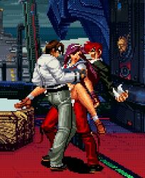 Rule 34 | 1girl, 2boys, asamiya athena, brown hair, clothes lift, double penetration, group sex, idol, kusanagi kyou, multiple boys, panties, psycho soldier, purple hair, red hair, sandwiched, school uniform, sex, skirt, skirt lift, snk, the king of fighters, threesome, underwear, vaginal, white panties, yagami iori