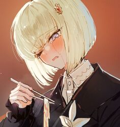 1girl blonde_hair blue_eyes blush brown_background buttons chopsticks collared_shirt crying food hair_ornament holding holding_chopsticks noodles one_eye_closed oosuzuki_kurara palme310 shirt short_hair simple_background solo spoilers tears tears_from_one_eye the_hundred_line_-last_defense_academy-