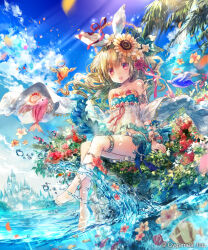1girl barefoot blonde_hair blue_sky braid breasts castle commentary copyright_notice cygames dutch_angle fish flower flower_hat flower_head flying_fish hair_ribbon halo highres medium_hair onineko open_mouth outdoors palms plant red_eyes ribbon shingeki_no_bahamut sky small_breasts solo sunflower swimsuit vines water