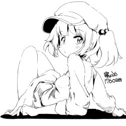 1girl blush breasts cactas7 closed_mouth flat_cap full_body hair_bobbles hair_ornament hat highres kawashiro_nitori legs looking_at_viewer lying medium_breasts monochrome on_back simple_background touhou upper_body