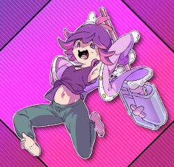 Rule 34 | 1girl, absurdres, antenna hair, barefoot, bright pupils, buttons, cardigan, clothes lift, commentary request, dot (pokemon), full body, green pants, hammer, highres, holding, holding hammer, looking down, lower teeth only, medium hair, navel, nintendo, open cardigan, open clothes, open mouth, outline, pants, plus ta, pokemon, pokemon (anime), pokemon horizons, purple cardigan, purple eyes, purple hair, shirt, shirt lift, solo, teeth, toes, tongue, white pupils