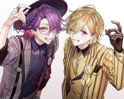 Rule 34 | 2boys, award ribbon, black hat, blonde hair, blue eyes, blush, braid, breast pocket, brown gloves, buttons, chain, collar chain (jewelry), collared shirt, colored inner hair, earclip, earrings, fura kanato, gloves, grey jacket, grin, hair behind ear, hair between eyes, hand up, hashtag-only commentary, hat, highres, jacket, jewelry, long sleeves, looking at viewer, male focus, multicolored eyes, multicolored hair, multiple boys, multiple rings, nijisanji, nonon 813, one eye closed, open clothes, open jacket, orange hair, parted bangs, pierced hat, pink hair, pocket, pocket square, purple eyes, purple hair, purple shirt, ring, shirt, short hair, simple background, sleeves rolled up, smile, streaked hair, striped clothes, striped jacket, teeth, two-tone hair, upper body, vertical-striped clothes, vertical-striped jacket, vest, virtual youtuber, watarai hibari, white background, wing collar, yellow eyes, yellow jacket, yellow shirt, yellow vest