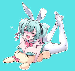 1girl absurdres blue_eyes blue_hair blush feet hatsune_miku heart heart-shaped_pupils highres leotard long_hair looking_at_viewer lsf_(805661342) lying on_stomach one_eye_closed open_mouth pantyhose playboy_bunny rabbit_hole_(vocaloid) soles stuffed_animal stuffed_toy symbol-shaped_pupils the_pose toes twintails vocaloid white_pantyhose wink