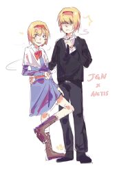 2girls absurdres alice_margatroid axxyu black_jacket black_necktie black_pants blonde_hair blue_dress boots bow bowtie brown_boots capelet character_name cigarette closed_mouth cookie_(touhou) dress frilled_hairband frills frown full_body grin hair_over_eyes hairband highres holding holding_cigarette jacket jigen_(cookie) looking_at_viewer multiple_girls necktie pants purple_eyes red_bow red_bowtie red_hairband red_sash sash shirt short_hair simple_background smile smoke smoking standing taisa_(cookie) touhou white_background white_capelet white_shirt