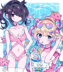 Rule 34 | 1girl, aegyo sal, alternate costume, ame-chan (needy girl overdose), arm ribbon, bikini, black eyes, black hair, blonde hair, blue eyes, blue hair, border, bow, breasts, chest bow, chouzetsusaikawa tenshi-chan, cleavage, collar, colored tips, cup, diagonal bangs, drinking, dual persona, eyewear on head, flower, food, fruit, hair bow, hair ornament, hair over one eye, hands on own hips, heart, heart-shaped eyewear, heart hair ornament, highres, holding, holding cup, itomakirichan, lemon, lemon slice, looking at viewer, multicolored hair, navel, neck ribbon, needy girl overdose, octopus, one-piece swimsuit, pink nails, pink one-piece swimsuit, playing with own hair, pool, quad tails, red hair, ribbon, short twintails, sidelocks, starfish, swimsuit, thighhighs, twintails, upper body, water, white border, white thighhighs