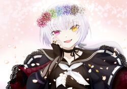 Rule 34 | 1girl, assault lily, black capelet, black cardigan, black choker, black flower, black gloves, black jacket, black ribbon, black sailor collar, black shirt, blue flower, blush, capelet, cardigan, choker, collarbone, commentary request, elbow gloves, falling petals, fingerless gloves, flower, flower wreath, gloves, gradient background, green flower, grey hair, hand on own cheek, hand on own chest, hand on own face, hands up, head wreath, heterochromia, highres, jacket, jewelry, lace-trimmed capelet, lace trim, long hair, looking at viewer, low ponytail, nabeyaki (kaiketsu1120), neckerchief, open cardigan, open clothes, open jacket, open mouth, petals, pink background, pink eyes, pink flower, ponytail, red capelet, red flower, ribbon, ribbon-trimmed capelet, ribbon choker, ribbon trim, ring, sailor collar, school uniform, serafuku, shirt, smile, solo, tearing up, tears, three-quarter sleeves, two-sided capelet, upper body, white background, white flower, white neckerchief, wiping tears, yamaguchi chihiro (assault lily), yellow eyes