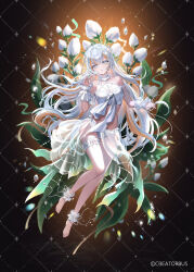 1girl absurdres bare_legs bare_shoulders barefoot choker commentary_request criss-cross_halter flower frilled_choker frilled_thigh_strap frills full_body green_eyes halterneck hand_up hibiwa highres long_hair looking_at_viewer midriff multicolored_hair orange_hair panties parted_lips see-through_clothes see-through_skirt shirt showgirl_skirt sitry_(vtuber) skirt sleeveless sleeveless_shirt solo streaked_hair thigh_strap tulip two-tone_hair underwear v-lup very_long_hair virtual_youtuber white_flower white_hair white_panties white_shirt white_skirt white_tulip wrist_cuffs