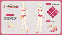 1girl absurdres ass bare_shoulders bikini border breasts closed_mouth commentary_request english_text grey_background high_heels highres hololive moko39_takasora multiple_views navel pink_sandals purple_bikini red_border romaji_text sandals small_breasts smile swimsuit translation_request
