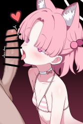 1boy 1girl absurdres animal_ears bar_censor bikini blue_archive blush cat_ears cat_girl censored chlorella_observation_club_member_(blue_archive) chlorella_observation_club_member_(swimsuit)_(blue_archive) choker collarbone commentary_request erection extra_ears flat_chest gradient_background hair_over_eyes halo heart hetero highres imminent_fellatio korean_commentary loli mixed-language_commentary mosaic_censoring official_alternate_costume open_mouth paid_reward_available penis pink_background pink_bikini pink_eyes pink_hair pink_halo short_hair solo striped_bikini striped_clothes swimsuit testicles tongue tongue_out two_side_up variant_set white_choker zing_(z_z_zing)