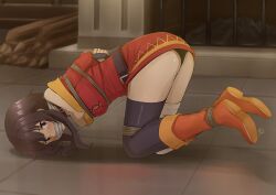 1girl absurdres arms_behind_back ass bandaged_leg bandages bare_shoulders bdsm belt black_belt black_choker black_gloves black_hair black_thighhighs bondage boots bound bound_legs choker cloth_gag dress fingerless_gloves gag gagged gloves highres improvised_gag kono_subarashii_sekai_ni_shukufuku_wo! looking_at_viewer megumin no_headwear off-shoulder_dress off_shoulder orange_boots red_dress rope short_dress short_hair single_thighhigh solo thighhighs thighs vakaosciosa