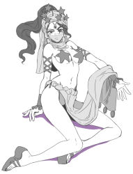 1girl apple972 arabian_clothes arm_support bare_shoulders breasts dancer female_focus inzup jojo_no_kimyou_na_bouken long_hair looking_at_viewer midler midriff monochrome navel pasties pelvic_curtain ponytail sandals sitting solo star_(symbol) star_pasties veil