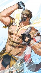 Rule 34 | 1boy, antlers, bara, black male swimwear, deer antlers, eikthyrnir (fire emblem), eikthyrnir (summer) (fire emblem), fire emblem, fire emblem heroes, glowing antlers, highres, holding, holding swim ring, horns, innertube, male swimwear, mask, mouth mask, muscular, muscular male, nintendo, official alternate costume, swim ring, whistle, whistle around neck, zhuganchangjiadan