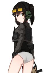 Rule 34 | 1girl, absurdres, black gloves, brown eyes, brown hair, bulletproof vest, gloves, grey panties, gun, hair between eyes, headset, highres, holding, holding gun, holding weapon, kriss vector, looking at viewer, medium hair, military combat uniform, military uniform, multicolored hair, nanju bami, original, panties, simple background, sports panties, submachine gun, thighs, twintails, two-tone hair, underwear, weapon, white background