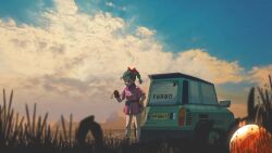 1girl blue_hair blue_sky braid braided_ponytail broonoart bulma car cloud cloudy_sky dragon_ball dragon_ball_(classic) dragon_ball_(object) dress grass highres motor_vehicle outdoors pink_dress purple_scarf scarf short_dress short_sleeves sky solo