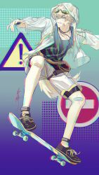 1boy absurdres animal_ears anklet arknights arm_up avrilcheney bandage_on_cheek bandage_on_face bandage_on_knee bandages belt black_shoes blonde_hair blue_eyes blue_vest bracelet bruise bruise_on_knee chinese_commentary closed_mouth collarbone commentary_request dog_boy dog_ears dog_tail eyewear_on_head fanny_pack floating glitch gradient_background green-tinted_eyewear grey_shorts hair_between_eyes halftone hand_up highres hood hood_up hooded_jacket infection_monitor_(arknights) injury jacket jewelry looking_to_the_side male_focus messy_hair multiple_bracelets multiple_necklaces necklace no_entry_sign open_clothes open_jacket orange_rope road_sign rope see-through_clothes shoes shorts sign skateboard skateboarding smile sneakers solo sunglasses tail tequila_(arknights) thigh_strap tied_hoodie_strings tinted_eyewear tongue tongue_out vest warning_sign watermark white_jacket