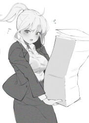 1girl ahoge blush c-eye collared_shirt commentary english_commentary formal_clothes greyscale holding holding_paper jacket long_sleeves looking_at_viewer mixed-language_commentary monochrome office_lady original paper paper_stack ponytail shirt simple_background skirt skirt_suit solo suit white_background
