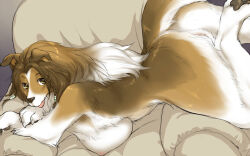1girl animal_feet animal_hands armchair body_fur brown_eyes brown_fur brown_hair chair claws commentary_request completely_nude digitigrade dog_girl full_body furry furry_female gradient_hair kikurage_(crayon_arts) long_hair looking_at_viewer multicolored_hair nude original solo tongue tongue_out white_fur white_hair