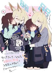 2girls absurdres animal_ear_fluff animal_ears black_gloves black_pantyhose black_skirt blonde_hair blue_archive blue_eyes blue_shirt blush brown_hair collared_shirt commentary_request cropped_legs cup dog_ears dog_girl extra_ears female_sensei_(blue_archive) female_sensei_(blue_archive)_(senta_(ysk_0218)) gloves hair_over_one_eye heart highres holding holding_cup hug hug_from_behind jacket kanna_(blue_archive) kiss long_hair long_sleeves multiple_girls open_clothes open_jacket outline pantyhose parted_bangs red_eyes sensei_(blue_archive) senta_(ysk_0218) shirt shirt_tucked_in skirt spoken_heart white_outline yuri