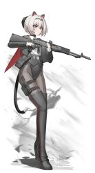 1girl absurdres alternate_costume an-94 an-94_(girls&#039;_frontline) animal_ears assault_rifle black_boots black_leotard black_necktie blonde_hair blue_eyes boots capelet cat_ears cat_tail cheogtanbyeong closed_mouth covered_navel fake_animal_ears fake_tail full_body girls&#039;_frontline gloves gun hair_between_eyes hair_bun hairband half_gloves highres holding holding_weapon holster jacket leotard long_sleeves magazine_(weapon) medium_hair necktie open_clothes open_jacket pantyhose red_capelet rifle shirt shirt_tucked_in smoke solo tail thigh_boots thigh_holster trigger_discipline weapon white_background white_shirt