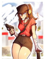 1girl :d antchan54 bag bandaged_arm bandages bandaid bandaid_on_cheek bandaid_on_face bandaid_on_nose baseball_bat belt blue_eyes breasts brown_hair brown_shorts cosplay dog_tags genderswap genderswap_(ftm) grin gun handgun highres holding holding_baseball_bat holding_gun holding_weapon long_hair looking_at_viewer medium_breasts open_mouth red_scout_(tf2) red_shirt scout_(tf2) scout_(tf2)_(cosplay) shirt short_sleeves shorts shoulder_bag smile solo team_fortress_2 teeth weapon