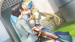 1boy 1girl armor black_hair black_skirt blonde_hair blush braid breasts brick_wall cattleya_(kukkorodays) cleavage defensive_wall faceless faceless_male faulds game_cg gate gauntlets grass hair_ornament hetero highres kiss knight kukkorodays long_hair non-web_source outdoors pleated_skirt shoulder_armor side_braid skirt sword weapon yamacchi
