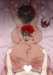 1boy 1girl 7a_(se7ena) absurdres ass back_tattoo backboob breasts brown_hair bruise bruise_on_ass censored commentary_request completely_nude flower flower_tattoo from_behind hair_flower hair_ornament hands_on_another&#039;s_ass heart heart_censor hetero highres horns huge_ass huge_breasts injury last_origin lying mask melt_(last_origin) nude official_alternate_costume on_stomach oni_mask pov red_flower sex sex_from_behind short_hair sweat tattoo unworn_mask very_sweaty