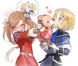1boy 1girl arms_up belt blonde_hair blue_eyes blush brown_hair closed_eyes commentary couple dimitri_alexandre_blaiddyd dimitri_alexandre_blaiddyd_(young) dress edelgard_von_hresvelg edelgard_von_hresvelg_(young) embarrassed fire_emblem fire_emblem:_three_houses flying_sweatdrops hair_ribbon hetero highres ikaikakka imminent_kiss long_sleeves nintendo no_mouth nose_blush parted_bangs purple_eyes purple_ribbon red_dress ribbon shade short_hair simple_background speech_bubble standing stuffed_animal stuffed_toy sweatdrop teddy_bear thought_bubble twintails white_background