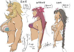 3girls abs absurdres bare_shoulders barghest_(fate) barghest_(swimsuit_archer)_(fate) barghest_(swimsuit_archer)_(final_ascension)_(fate) biceps bikini black_hair blonde_hair bracelet braid breasts chest_tattoo cleavage collarbone fate/grand_order fate_(series) flower frilled_thigh_strap green_eyes hair_between_eyes hair_flower hair_ornament hibiscus highres horns jewelry large_breasts long_hair looking_at_viewer medium_breasts multicolored_bikini multicolored_hair multiple_girls muscular muscular_female navel necklace parted_bangs pearl_bracelet pearl_necklace pink_hair polearm profile purple_bikini purple_hair red_eyes sarong scathach_(fate) scathach_(fate/grand_order) scathach_(swimsuit_assassin)_(fate) sessyoin_kiara sessyoin_kiara_(swimsuit_mooncancer) sessyoin_kiara_(swimsuit_mooncancer)_(first_ascension) shell shell_necklace smile spear streaked_hair swimsuit tattoo thigh_strap thighs translation_request twin_braids very_long_hair weapon white_bikini yellow_eyes zakio
