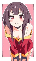 1girl bare_shoulders bent_over black_choker black_gloves blush blush_stickers border breasts bright_pupils brown_hair choker closed_mouth collarbone commentary dress gloves hands_on_own_thighs kono_subarashii_sekai_ni_shukufuku_wo! leaning_forward looking_at_viewer megumin noyama_takenoko off-shoulder_dress off_shoulder outline outside_border pink_background red_dress red_eyes red_trim short_hair short_hair_with_long_locks sidelocks small_breasts smile solo standing v_arms white_border white_outline