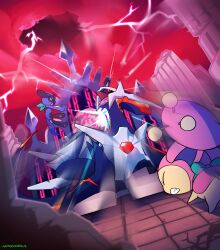artist_name battle broken_pillar claws dialga gen_3_pokemon gen_4_pokemon highres legendary_pokemon lightning looking_at_another neckerchief nintendo open_mouth pokemon pokemon_(creature) pokemon_mystery_dungeon pokemon_mystery_dungeon:_explorers_of_time/darkness/sky primal_dialga red_eyes red_sky riolu skitty sky tail teeth vergolophus