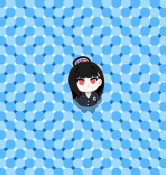 1girl black_hair black_halo black_pantyhose black_skirt blue_archive blue_background chibi closed_mouth commentary_request expressionless full_body hair_ornament hairclip halo ideolo long_hair long_sleeves looking_at_viewer multicolored_halo optical_illusion pantyhose partially_submerged pleated_skirt primrose_field_illusion red_eyes rio_(blue_archive) skirt solo sweater two-tone_halo water white_sweater