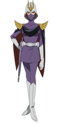 Rule 34 | 1girl, armor, belt, boots, brown eyes, brown hair, cape, dress, epaulettes, full body, gloves, gun, gundam, gundam gquuuuuux, hand on own hip, helmet, highres, kycilia zabi, leggings, looking at viewer, mask, military uniform, official art, purple dress, purple leggings, purple mask, shoulder armor, simple background, solo, standing, sunken cheeks, thigh boots, transparent background, weapon, white belt, white boots, white gloves